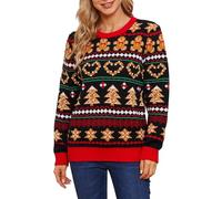 Caziffer Women's Christmas Sweaters Oversize Holiday Apparel - Gingerbread Snowflake Christmas Tree Print Reindeer Pattern Winter Long Sleeve Ribbed Knitted Tops (Red, M)