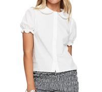 Caziffer Women's Collared Shirt Summer Short Sleeve Buttons Down Shirt Puff Sleeve Doll Neck Top Elegant French Preppy Blouse (White, M)