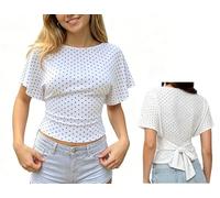 Caziffer Women's Flutter Sleeve Cinched Tops Wrap Tie Back Waist Shirt Batwing Boat Neck Ruched Fitted Summer Going Out Top (Polka Dots White, M)