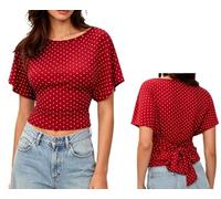 Caziffer Women's Flutter Sleeve Cinched Tops Wrap Tie Back Waist Shirt Batwing Boat Neck Ruched Fitted Summer Going Out Top (Polka Dots Red, L)