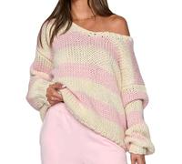 Caziffer Women's Off The Shoulder Striped Sweaters Y2k Drop Shoulder Long Sleeve V-Neck Oversized Fall Knit Pullover Tops (Pink, L)
