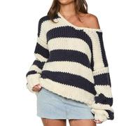 Caziffer Women's Off The Shoulder Striped Sweaters Y2k Drop Shoulder Long Sleeve V-Neck Oversized Fall Knit Pullover Tops (Navy Blue, S)