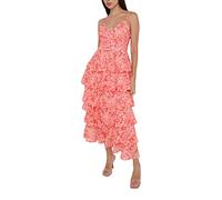 Caziffer Women's Summer Spaghetti Strap Long Dress Floral Print V-Neck Tiered Ruffles Sleeveless Maxi Dress Summer Casual Beach Party Dress (Pink, S)