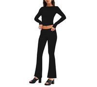 Caziffer Women's Two Pieces Lounge Set Long Sleeve Tight Crop Top+Low Waist Flared Legging Pants Set 2 Piece Yoga Tracksuit (Tee Pants Set Black, S)