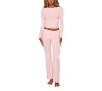 Caziffer Women's Two Pieces Lounge Set Long Sleeve Tight Crop Top+Low Waist Flared Legging Pants Set 2 Piece Yoga Tracksuit (Tee Pants Set Pink, S)