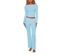 Caziffer Women's Two Pieces Lounge Set Long Sleeve Tight Crop Top+Low Waist Flared Legging Pants Set 2 Piece Yoga Tracksuit (Tee Pants Set Light Blue, S)
