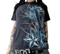 Caziffer Y2K Fairy Grunge Graphic T-Shirts Women Short Sleeve Gothic Baggy Shirts Punk Dark Aesthetic Top Emo Clothes (M Blue, M)