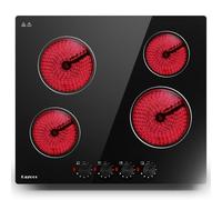 Cazooo Ceramic Hob 4 Zones, Built-in Electric Hob 60cm with Knob Controls, Electric Ceramic Hob 4 Burners with 8 Power Levels, Over Protection, Residual Heat Indicator, 6000W, Hard Wired, Black