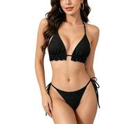 CAZSTYK Romance Ruffled Detail Tankini Set Split Design Top Bra and Matching High Cut Swim Bottom Thongs Adjustable Tied Swimwear