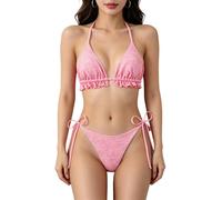 CAZSTYK Romance Ruffled Detail Tankini Set Split Design Top Bra and Matching High Cut Swim Bottom Thongs Adjustable Tied Swimwear