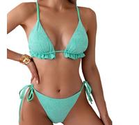 CAZSTYK Romance Ruffled Detail Tankini Set Split Design Top Bra and Matching High Cut Swim Bottom Thongs Adjustable Tied Swimwear