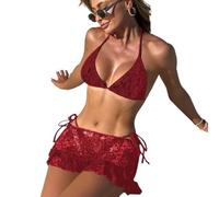 CAZSTYK Tankini Swimsuit Set for Women Triangle Briefs Tie String Thong Comfortable Bathing Suit Sheer Trimmed Swimwear Women ' s Sheer Back Tankini Swim Set Removable Skirt High Waist Bottoms