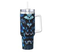 Cbaaghh 40oz Blue Butterflies White Flowers Print Ice Bully with Handle,Stainless Steel Tumbler with Handle Lid Straw