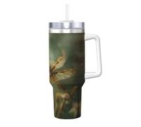 Cbaaghh 40oz Dragonfly and Flower Print Ice Bully with Handle,Stainless Steel Tumbler with Handle Lid Straw