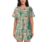 Cbaaghh Llamas Print Women'S Short-Sleeved Pajama,Crew Neck Lounge Set Sleepwear Split Shorts Set Black