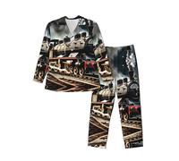 Cbaaghh Men'S Steam Locomotive Train Print Long-Sleeved Pajama Set, Warm Long Sleeve Prints Sleepwear Cozy Button Down Pjs Black