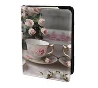 Cbaaghh Tea Cups with Roses Romantic Shabby Print Passport Holder 5.5in,Leather Passport Book Cover -Travel Passport Holder