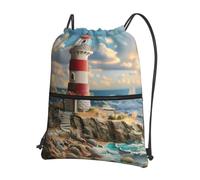 Cbaaghh The Seaside Lighthouseprint Drawstring Zipper Backpack, String Bag With Zipper Pockets Cinch Bag Sport Gym Sackpack