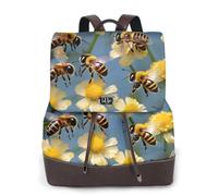 Cbaaghh Women'S Honey Bees Flowers Print Leather Backpack,Casual Daypacks,Leather Backpack,Work Travel Daypack