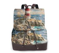 Cbaaghh Women'S The Seaside Lighthouse Print Leather Backpack,Casual Daypacks,Leather Backpack,Work Travel Daypack