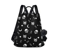 Backpack Purse for Women Nylon Anti-theft travel backpack Lightweight Shoulder Bag with Plush Ball Keychain, Skull Cat Moon, Travel Backpacks