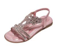 Cbebvwl Ladies Sandals Orthopedic for Women Womens Sliders Strappy Faux Leather Open Toe Sling Back T-Bar Diamante Gem Stone Flat Gladiator Summer Low Heel Sandles Hiking Pink-7 Size 3