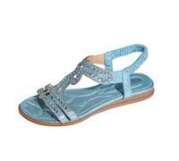 Cbebvwl Ladies Sandals Wedge Gladiator for Women Sandles Faux Leather Open Toe Sling Back T-Bar Diamante Gem Stone Flat Summer Gold Shoes Jelly Womens Wide Fit Arch Support b-Sky Blue Size 5.5