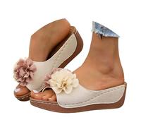 Cbebvwl Ladies Sandals Womens Running Trainers Thong Flip Flops Summer Flat Leather Sandal Toe Post Bohemian Walking Sandles UK Slip on for Women Wedge Shoes Wide Box A-Beige Size 4