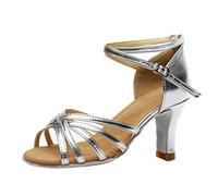 Cbebvwl Latin Dance Shoes for Women Womens Wedge Sandals Heels UK Black Jazz Cross Strap Split Sole Pu Line Orthopedic High Size 10 Sequined Leather Pointed Toe Kitten Heel Ballroom Silver-3 Size 3.5