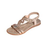 Cbebvwl Sandals for Women Summer Shoes UK Ladies Wedge Flip-Flops Mid Heel Comfort Sandal with Glitzy Jewels and Elasticated Slingback Strap, Flexible Sole Leather Womens Sandles b-Gold Size 5.5