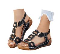 Cbebvwl Womens Sandles Gladiator Sandals for Women Flip Flops Chunky Ladies Faux Leather Open Toe Sling Back T-Bar Diamante Gem Stone Flat Summer Black Wedge Wedges Walking Women's A-Black Size 5