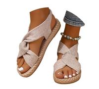 Cbebvwl Womens Sandles Gold Sandals for Women Toe Post Wedges Women's Flat Slide Casual Braided Strappy with Adjustable Buckle Summer White Slip on Ladies Beige Size 7