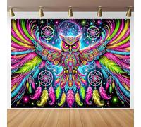 cBlissYard Psychedelic Blacklight Tapestry Banner 79x59 Inch Neon Tapestry Owl Vibrant Dreamcatcher Moon Stars Art Aesthetic Bohemian Glow In The Dark Decor Wall Hanging Spiritual Trippy Decration