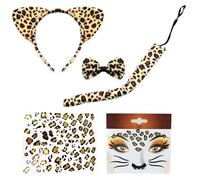 CBLUO 5 Pcs Halloween Leopard Cat Ears Headband Bow Tie Tail Temporary Face Stickers Tattoos Cat Hair Hoops Bands Women Bowtie Headpiece Hairband Cosplay Dress Up Masquerade Birthday Party Supplies
