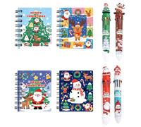 CBMZHF Christmas Stationery 4 Spiral Notebooks (10.5x7.4 cm) & 4 Multi-Color Pens (10 Colors) - Santa and Reindeer Holiday Theme