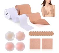 CBMZHF Invisible Boob Tape Set for Breast Lifting, Soft Stretch Body Tape A-G Cup Push Up Lift Support, for Small Large Breasts, with 2 Pack 5M Adhesive Tape & 4 Pcs Nipple Covers（Skin & White）