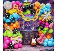 CboDeco 151pcs Neon Balloon Arch Kit with Disco Ball, Retro Glasses, Musical Note, Guitar & Star Foil Balloons for Back to 80s 90s Hip HopTheme Party Decorations