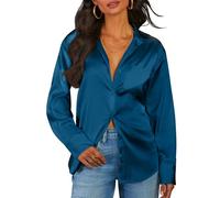 CBOO Women Elegant Satin Blouses Shirts, Soft Silk Shirts Top, Satin Button Down Shirts, Office Long Sleeve Blouse Shirt, Teal Blue, L