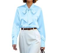 CBOO Women's Bow Tie Neck Button Down Shirts Silk Blouses Long Sleeve Elegant Satin Blouse Casual Dressy Business Tops, B Lightblue, M