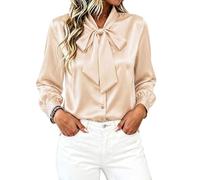 CBOO Women's Bow Tie Neck Button Down Shirts Silk Blouses Long Sleeve Elegant Satin Blouse Casual Dressy Business Tops, B Cream, XS