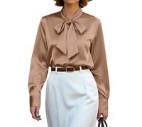 CBOO Women's Bow Tie Neck Button Down Shirts Silk Blouses Long Sleeve Elegant Satin Blouse Casual Dressy Business Tops, B Coffee, S