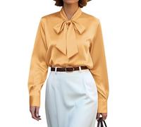 CBOO Women's Bow Tie Neck Button Down Shirts Silk Blouses Long Sleeve Elegant Satin Blouse Casual Dressy Business Tops, B Lightyellow, XL