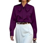 CBOO Women's Bow Tie Neck Button Down Shirts Silk Blouses Long Sleeve Elegant Satin Blouse Casual Dressy Business Tops, B Purple, M