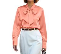 CBOO Women's Bow Tie Neck Button Down Shirts Silk Blouses Long Sleeve Elegant Satin Blouse Casual Dressy Business Tops, B Dustypink, M