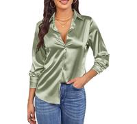 CBOO Womens Soft Satin Silk Button Down Shirt Long Sleeve Blouse Silky Smooth Subtle Shine Blouses Tops, F Grass Green, M
