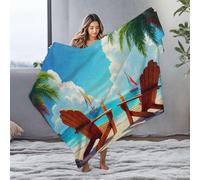 CBRT Bag Two Wooden Chairs On A Sandy Beach With Palm Trees, Sailboats In The Ocean Flannel Blanket Bluey Blanket Yellow Throw Blanket(127x100cm)