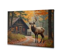 CBRT Bathroom Pictures A Majestic Elk Stands On A Forest Path Near A Cozy Cabin Canvas Decorative Picture Dining Room Decor Living Room Decor(40x60cm)