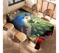 CBRT Black Plastic Tablecloth A Majestic Peacock With Vibrant Plumage Stands Amidst A Colorful Floral Garden Elastic Edged Table Cover Blue Table Runner Black Tablecloth