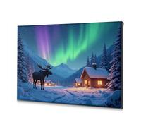 CBRT Christian Easter Decor A Moose Stands In Front Of A Cozy Cabin Under The Northern Lights Canvas Decorative Picture Dining Room Decor Bathroom Art Wall Decor(20x30cm)