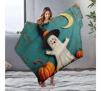 CBRT Custom Blanket With Picture Halloween Ghost With Pumpkins Under A Crescent Moon Flannel Blanket Bluey Blanket Comfy Blanket(127x100cm)